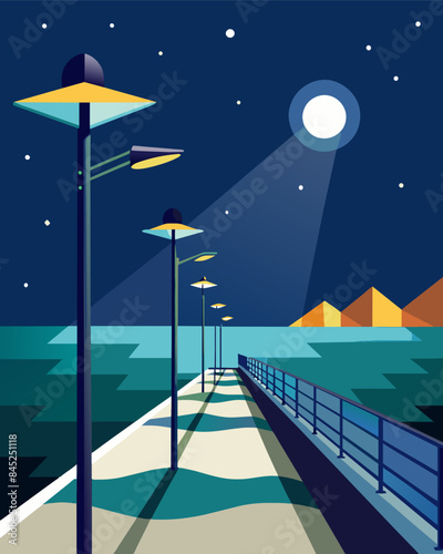 The solarpowered streetlights along the seaside promenade not only provide a stunning view at night but also help protect the local ecosystem by using renewable energy.. Vector illustration