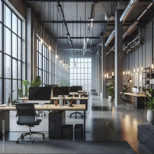 3d Rendering Of Modern Industrial Style Interior Design Reception Mainhall With Waiting Area And Co Working Space Background

