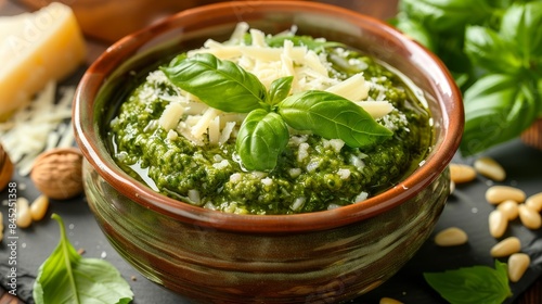 Close-up top view of pesto in a ceramic dish, with fresh basil, grated Parmesan, and a few whole pine nuts, isolated background, studio lighting
