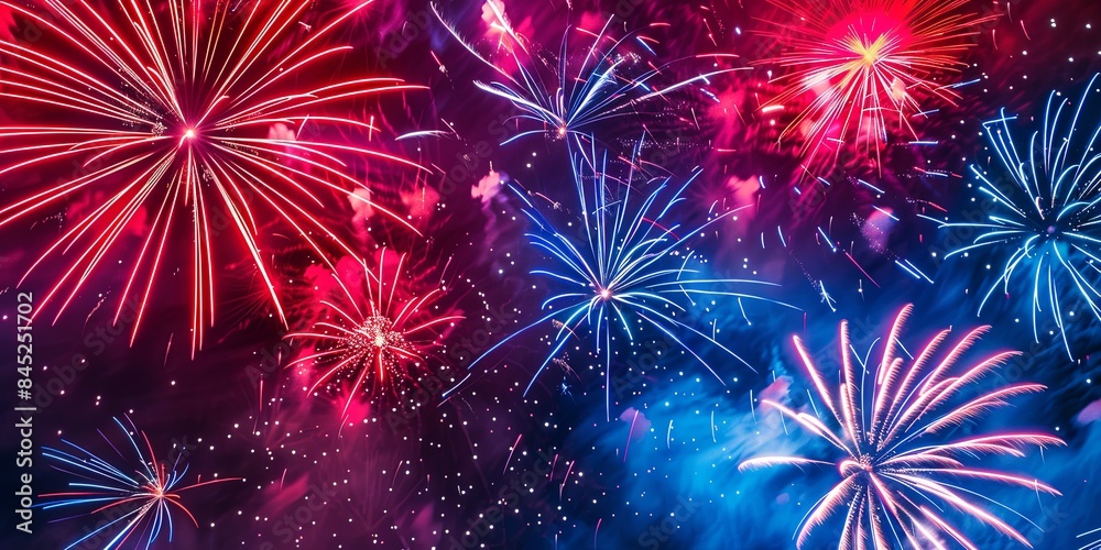 Explosive Red and Blue Fireworks Display Night Sky Explosive Red and Blue Fireworks Display Night Sky