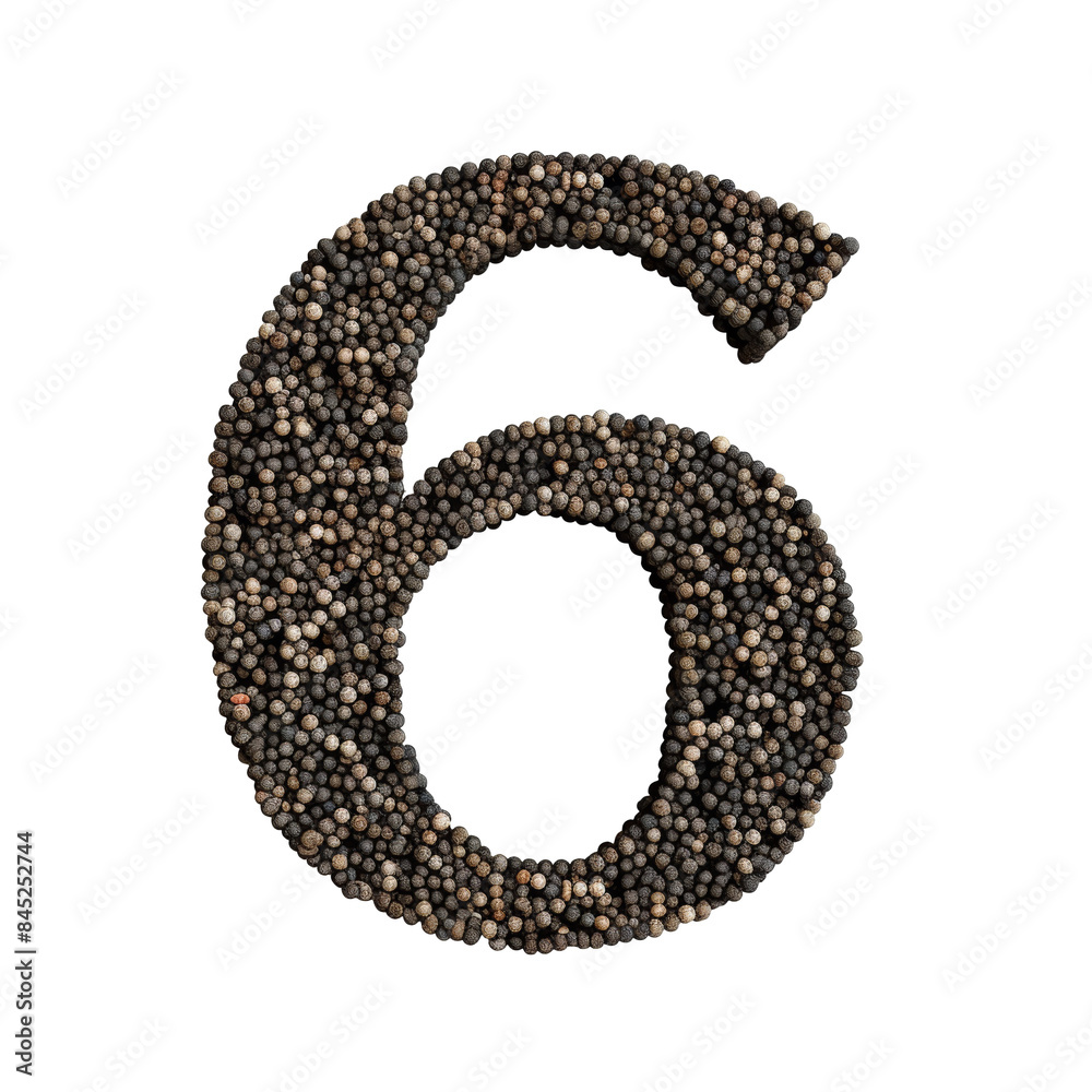Number 6 Made of Black Pepper Isolated on Transparent or White Background, PNG Number 6 Made of Black Pepper Isolated on Transparent or White Background, PNG