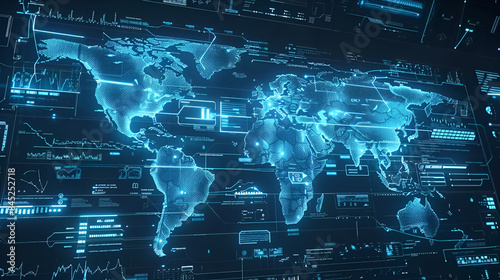 A computer screen displaying a detailed world map with borders and geographical features, Global map showing real time cyber attacks