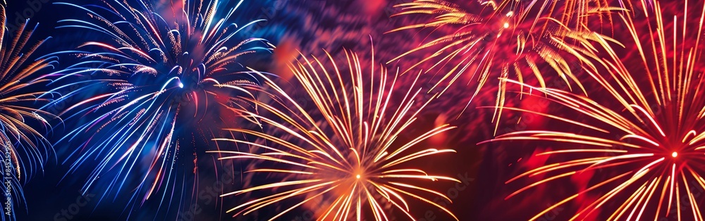 Explosive Red and Blue Fireworks Display Night Sky Explosive Red and Blue Fireworks Display Night Sky