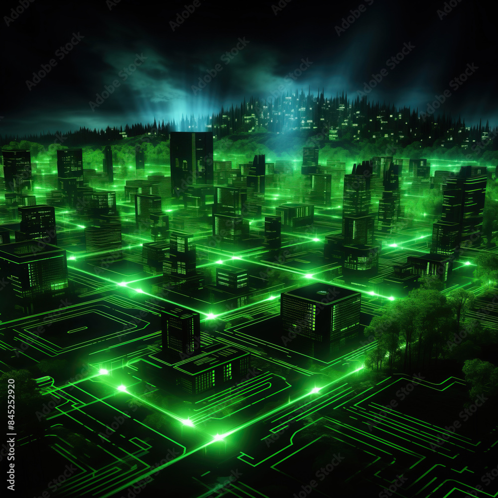 A digital cityscape. An aerial view of a futuristic city illuminated by glowing green lines, representing the interconnected network of Artificial Intelligence A digital cityscape. An aerial view of a futuristic city illuminated by glowing green lines, representing the interconnected network of Artificial Intelligence