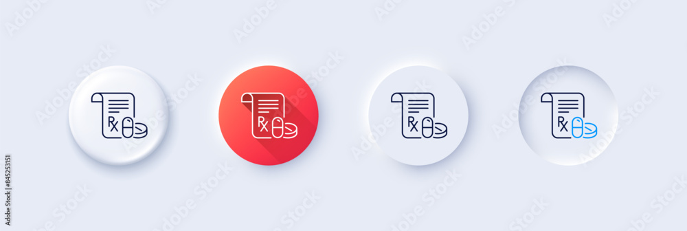 Medical prescription line icon. Neumorphic, Red gradient, 3d pin buttons. Medicine pills sign. Pharmacy medication symbol. Line icons. Neumorphic buttons with outline signs. Vector