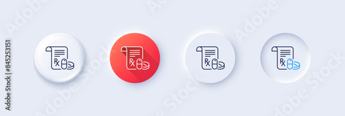 Medical prescription line icon. Neumorphic, Red gradient, 3d pin buttons. Medicine pills sign. Pharmacy medication symbol. Line icons. Neumorphic buttons with outline signs. Vector