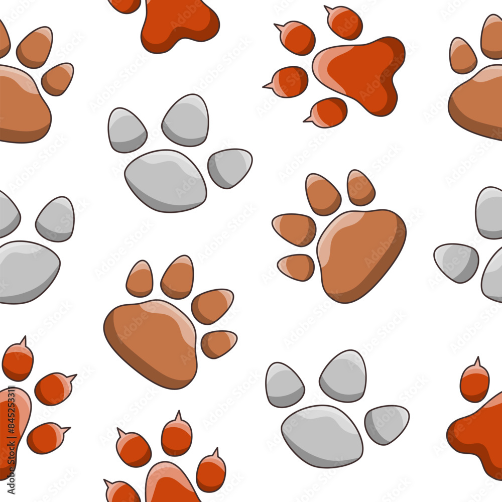 Fototapeta premium Animal paw print. Seamless pattern. Different traces of wildlife. Vector drawing. Design ornaments.