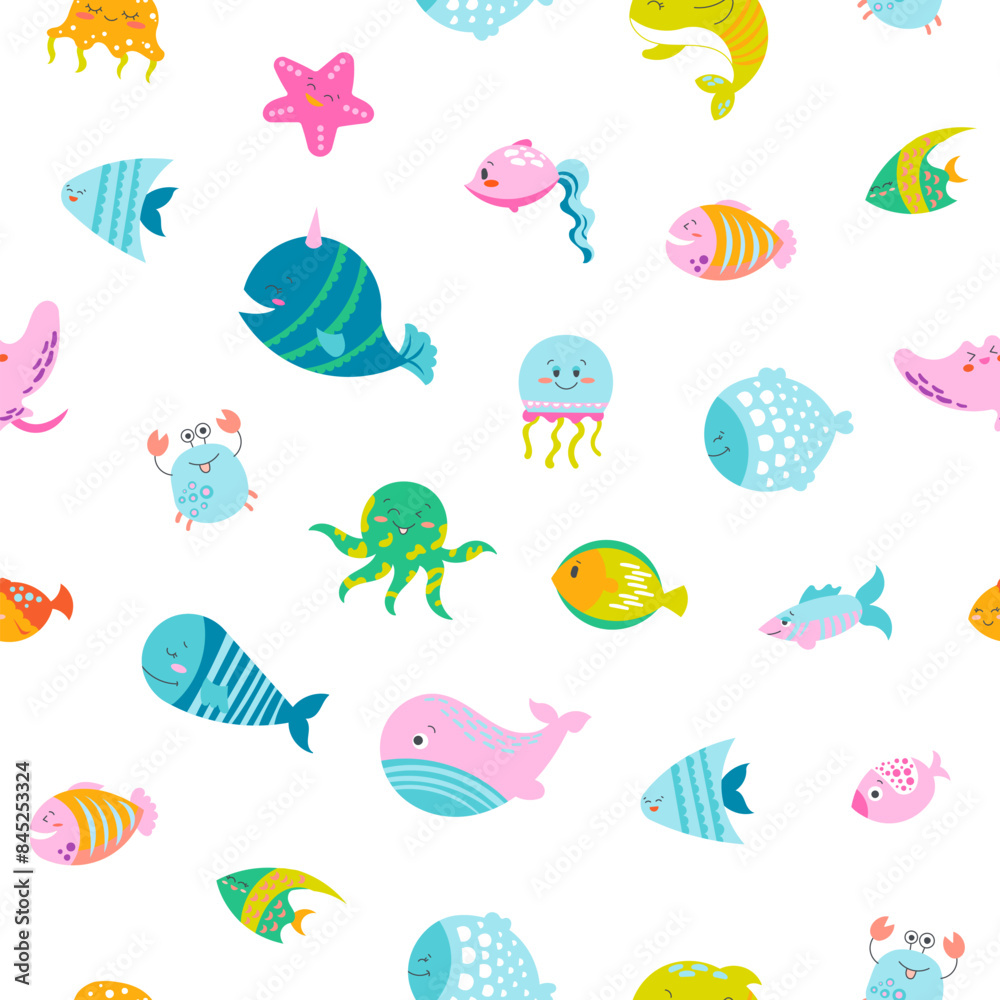 Obraz premium Cartoon aquatic animals. Seamless pattern. Fish characters underwater world. Marine life. Vector drawing. Design ornaments.