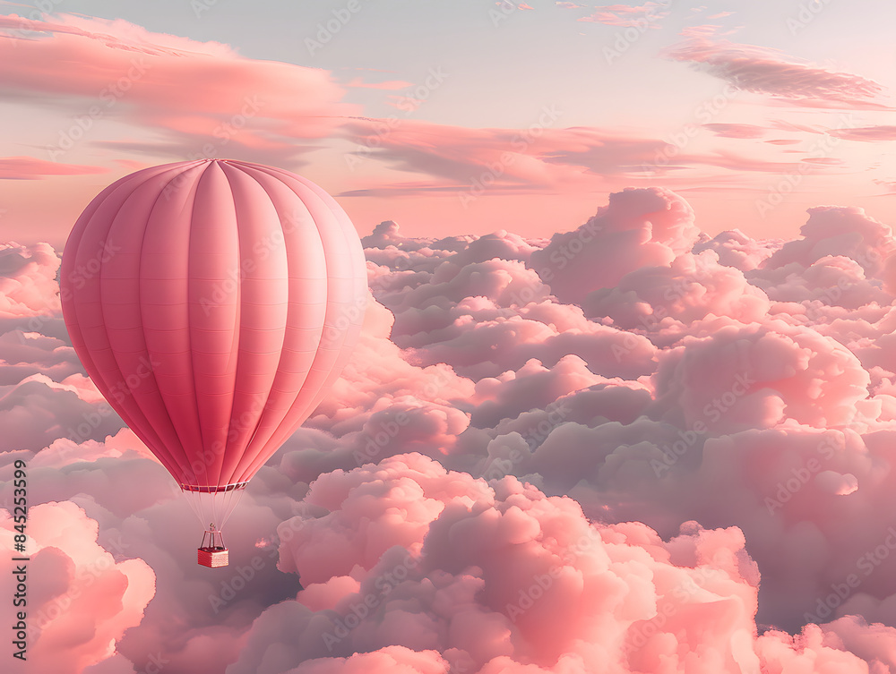 Obraz premium A hot air balloon floats in a pink sky, with clouds in the background.