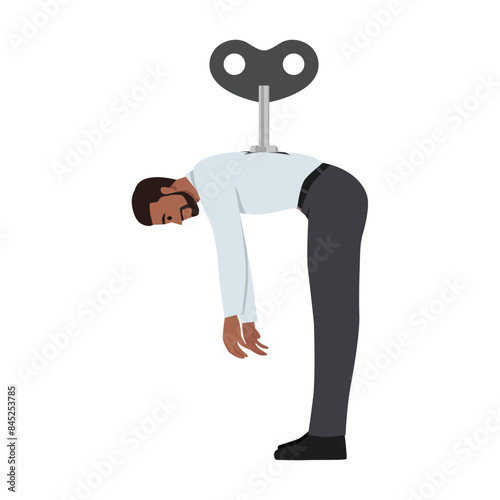 Young businessman with a key winder on his back sleeping. Turned off. Flat vector illustration isolated on white background