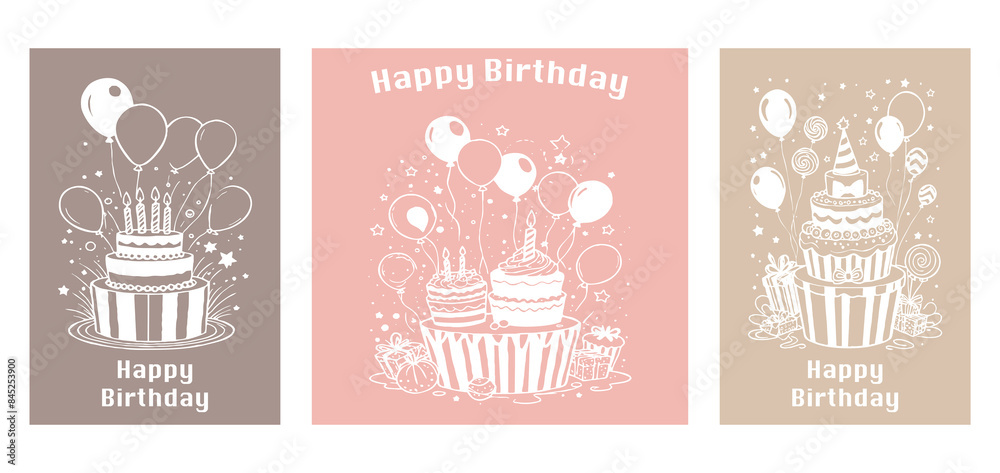 Set of 3 Happy birthday card design. Generated by Ai Set of 3 Happy birthday card design. Generated by Ai