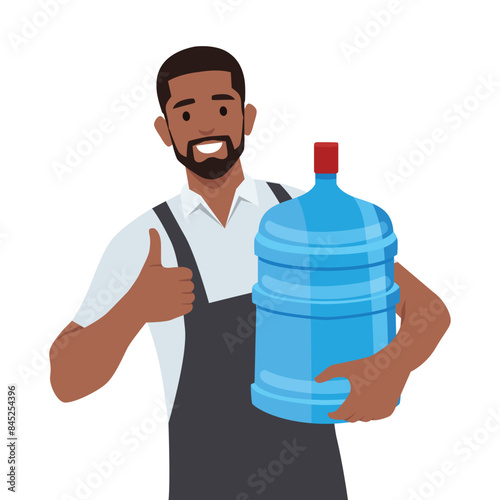 Young water delivery courier holding gallon of water with thumb up. Flat vector illustration isolated on white background