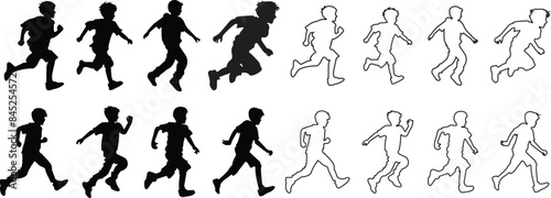 Set of black Running kid child silhouettes icons in trendy flat styles editable stock. jogging signs large pack of vectors silhouette design collection illustration isolated on transparent background.