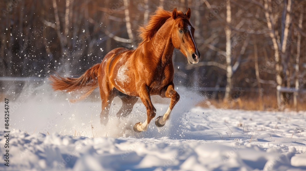 Energetic and fit chestnut gelding horse galloping in snowy winter Energetic and fit chestnut gelding horse galloping in snowy winter