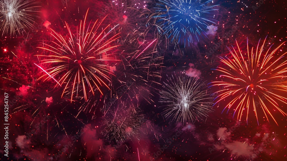Explosive Red and Blue Fireworks Display Night Sky Explosive Red and Blue Fireworks Display Night Sky