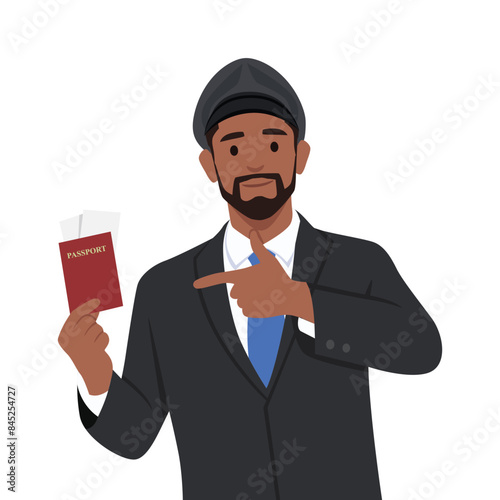 Young bearded steward pointing at passport. Pilot of airplane. Flat vector illustration isolated on white background