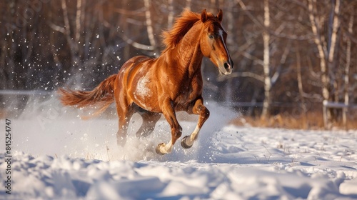 Energetic and fit chestnut gelding horse galloping in snowy winter