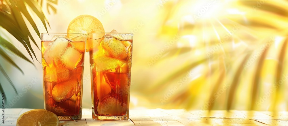 Iced tea served in glasses with a summery background and space for text. Iced tea served in glasses with a summery background and space for text.