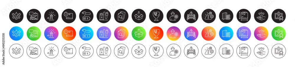 Consolidation, Inspect and Send box line icons. Round icon gradient buttons. Pack of Box size, Warning road, Engineer icon. Lighthouse, Fragile package, Charging station pictogram. Vector Consolidation, Inspect and Send box line icons. Round icon gradient buttons. Pack of Box size, Warning road, Engineer icon. Lighthouse, Fragile package, Charging station pictogram. Vector