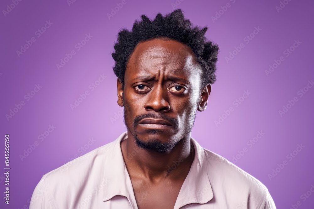A sad man, 40, African American, dealing with rejection, on a pastel lilac background A sad man, 40, African American, dealing with rejection, on a pastel lilac background
