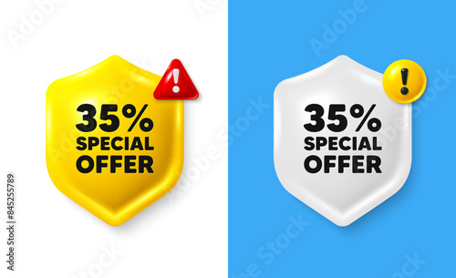 35 percent discount offer tag. Shield 3d banner with text box. Sale price promo sign. Special offer symbol. Discount chat protect message. Shield speech bubble banner. Danger alert icon. Vector