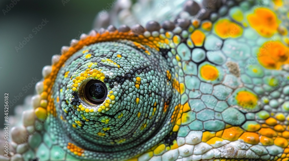 Fototapeta premium Detailed macro image of a chameleon's eye, showcasing the vivid colors and textures with exceptional clarity, as seen in National Geographic photography