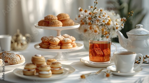 Wallpaper Mural a beautifully captured image of a decadent afternoon tea setup on a white table, with a selection of delicate pastries, finger sandwiches, and a pot of freshly brewed tea, every detail meticulously Torontodigital.ca