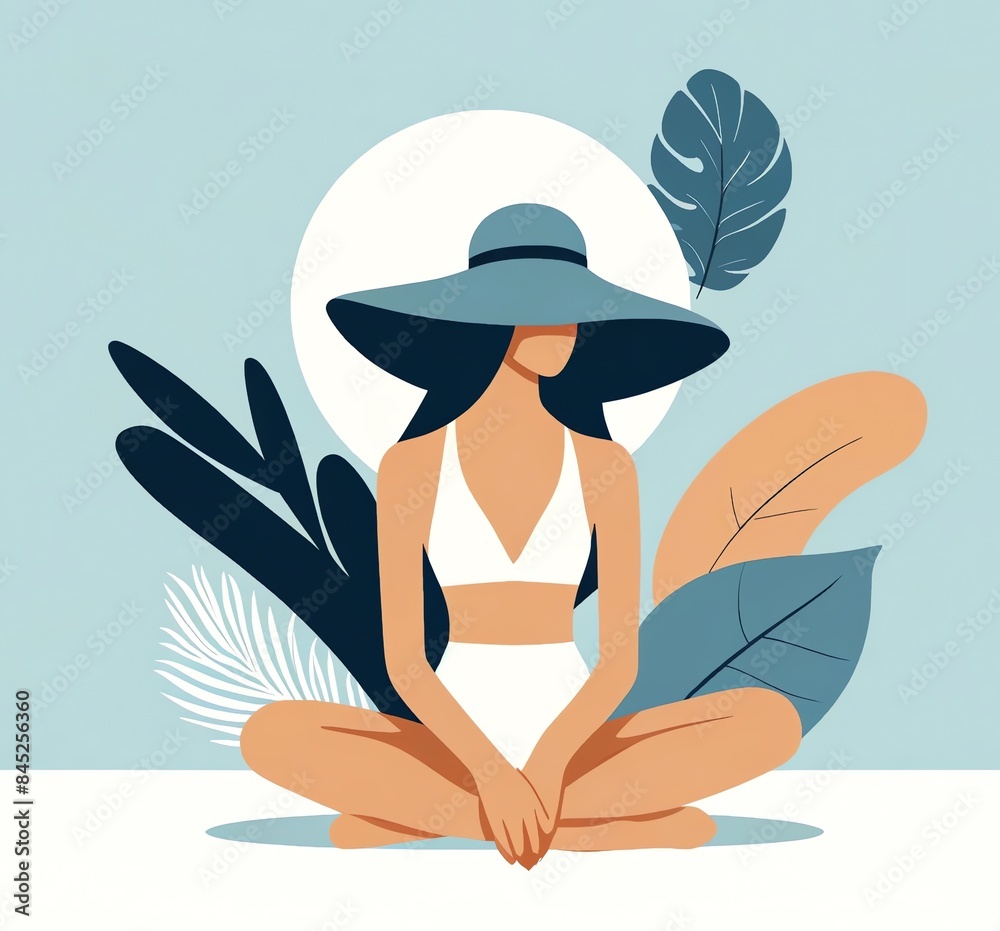 A minimalist illustration of a woman sitting with a large sun hat that partially covers her face and wearing a swimsuit