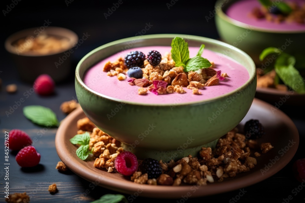 A bowl of Pink Matcha smoothie topped with granola and berries --ar 3:2 --v 5.2 A bowl of Pink Matcha smoothie topped with granola and berries --ar 3:2 --v 5.2