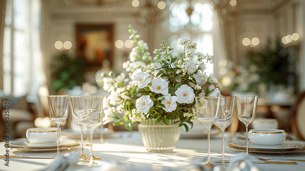 a refined dining room with a beautifully set white table, featuring a variety of gourmet desserts, elegant tableware, and a centerpiece of fresh flowers, the scene captured in 32k Super-Resolution, a refined dining room with a beautifully set white table, featuring a variety of gourmet desserts, elegant tableware, and a centerpiece of fresh flowers, the scene captured in 32k Super-Resolution,