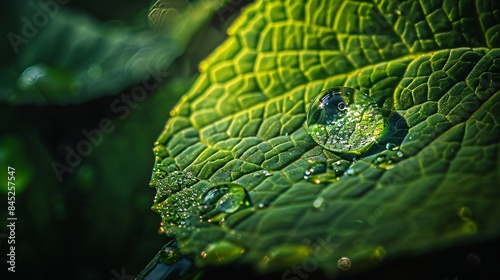 A close-up of a dewdrop on a vibrant green leaf, captured in stunning detail with focus stacking to highlight every tiny reflection and texture, resembling a National Geographic macro shot photo