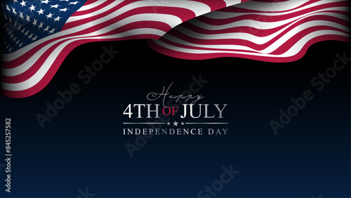 4th of July Independence day of United States, dark blue background with draped folded flag header, greeting card design