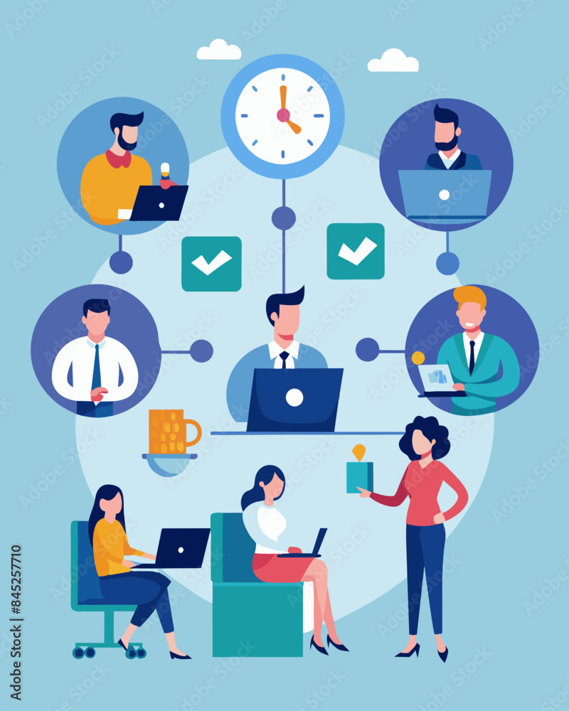 Instead of traditional 95 office hours companies are shifting to more flexible arrangements giving employees the freedom to choose their work hours based on their personal needs. Vector illustration Instead of traditional 95 office hours companies are shifting to more flexible arrangements giving employees the freedom to choose their work hours based on their personal needs. Vector illustration