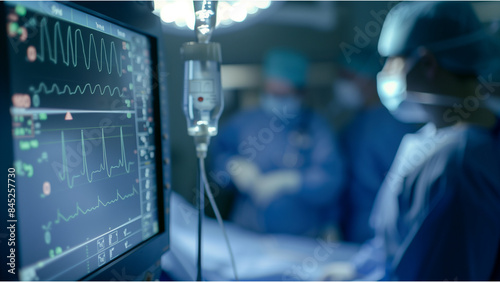 heart streamline monitor on an EKG machine in a modern hospital room, with some doctors wearing blue medical gowns and masks in a blurred background