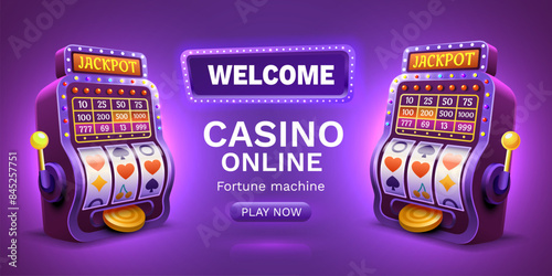 Casino 777 banner slots machine winner, jackpot fortune of luck. Vector illustration