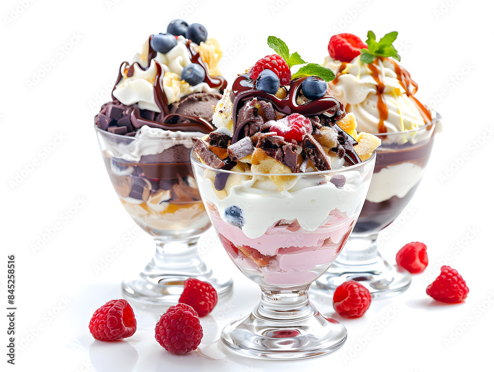 Delicious ice cream sundaes, isolated, white background Delicious ice cream sundaes, isolated, white background