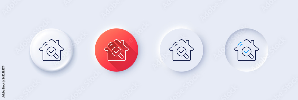 Inspect line icon. Neumorphic, Red gradient, 3d pin buttons. Building quality sign. Construction verification symbol. Line icons. Neumorphic buttons with outline signs. Vector Inspect line icon. Neumorphic, Red gradient, 3d pin buttons. Building quality sign. Construction verification symbol. Line icons. Neumorphic buttons with outline signs. Vector