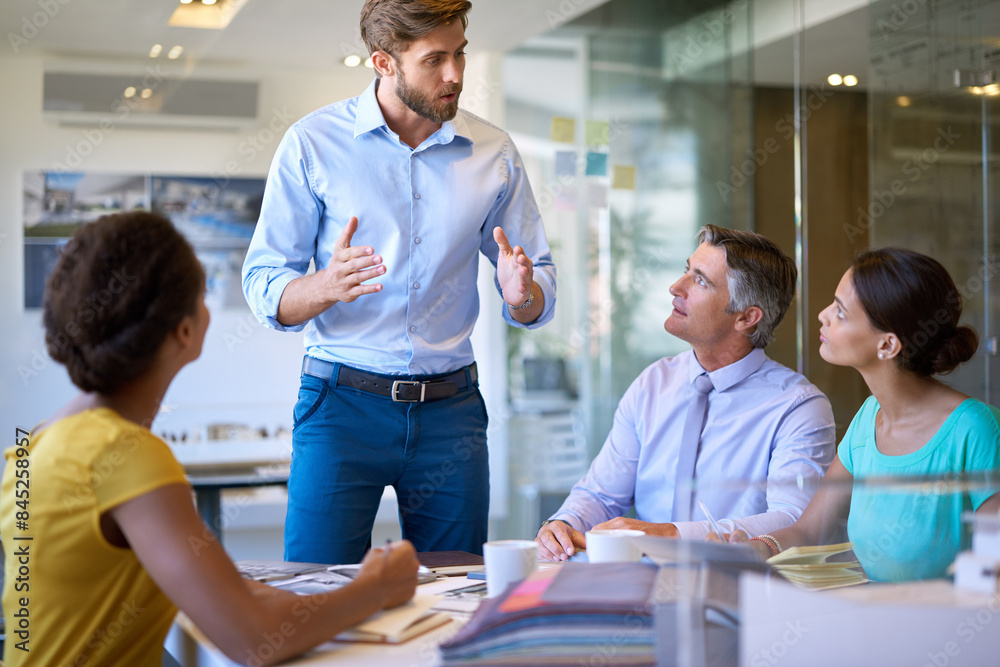 Obraz premium People, business meeting and accountants in conference room for budget plan and finance report. Corporate group, speaker and accounting faq in office for collaboration, discussion and communication