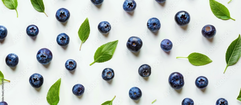 Blueberries and leaves against a white backdrop Blueberries and leaves against a white backdrop