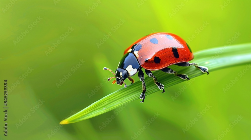 Fototapeta premium Close-up view of a ladybug on a blade of grass, revealing the fine details of its shell and legs in a high-detailed, ultra-HD macro style
