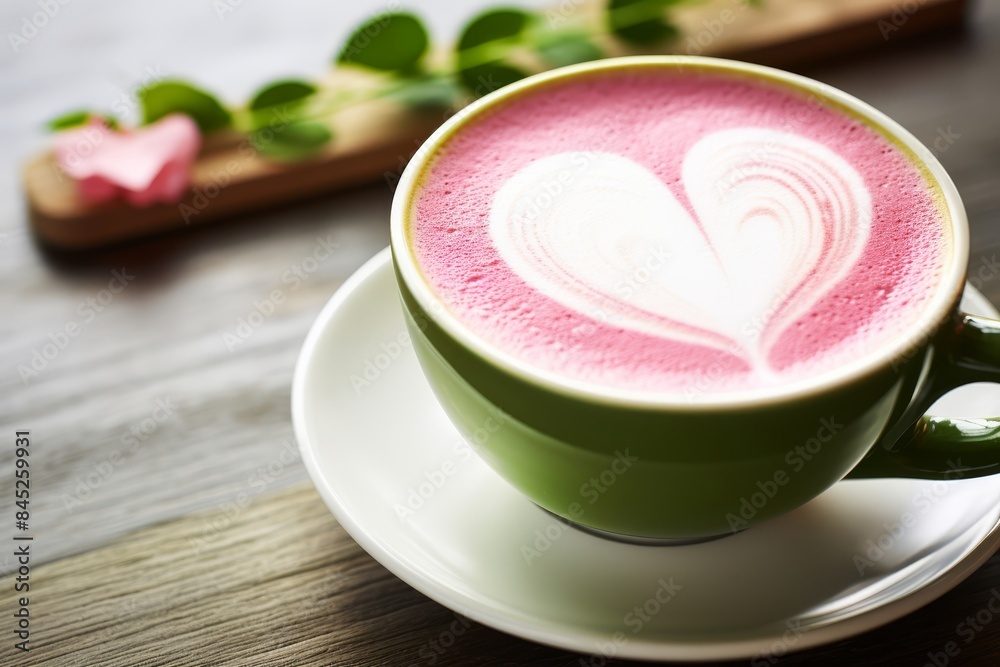 A Pink Matcha latte with a heart-shaped foam design A Pink Matcha latte with a heart-shaped foam design