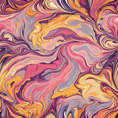  Seamless pattern of sunset liquid marble with pinks, purples, and golds, Generative AI