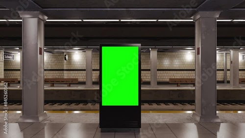 Empty billboard with a green screen for advertising on a subway station. 4k 3D animation 