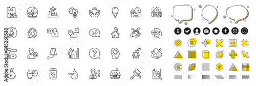 Set of Graph chart, Money bag and Hold heart line icons for web app. Design elements, Social media icons. Online voting, Brush, Incubator icons. Mental conundrum, Third party, Home signs. Vector