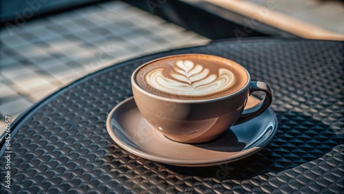 Cappuccino cup showcasing a rosetta flower foam pattern, placed on a stylish cafe table photo