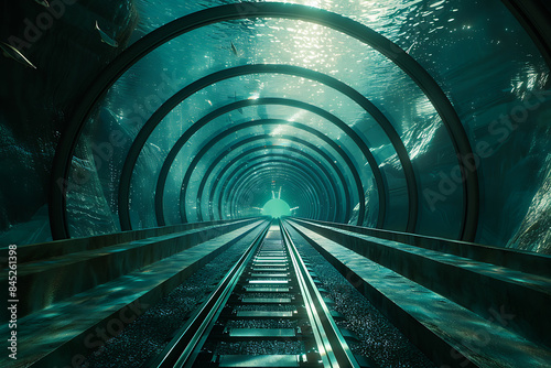 A glass tunnel under water with a new road or railway tracks, illustrating the combination of natural beauty and human engineering, symbolizing exploration and communication