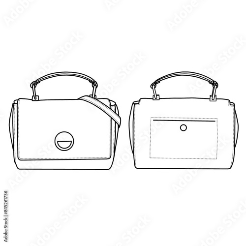 Women's handbags. Top handle bag flat sketch fashion illustration drawing template mock-up, front, and back view. Isolated on a white background.