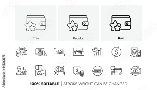 Coins, Stock analysis and Phishing line icons. Pack of Currency rate, Growth chart, Online shopping icon. Refund commission, Graph, Bid offer pictogram. Loyalty program, Money change. Vector