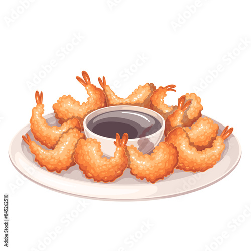 Plate of tempura shrimps served with soy sauce, cartoon deep fried seafood. Tempura crispy cutlets lying on white round platter with bowl of dip, cartoon traditional Japanese food vector illustration
