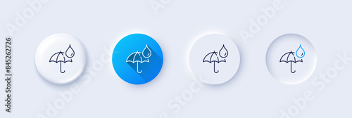 Waterproof umbrella line icon. Neumorphic, Blue gradient, 3d pin buttons. Water resistant sign. Rain protection symbol. Line icons. Neumorphic buttons with outline signs. Vector